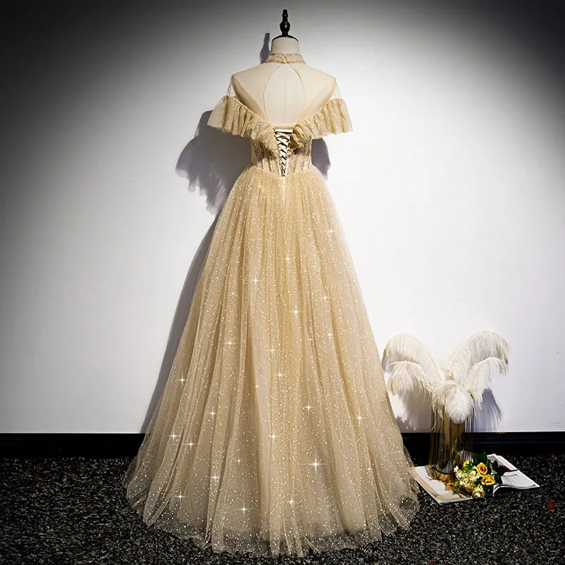 Gold Shiny Tulle High Neckline Long Formal Dress Prom Dress, Chic Tulle Party Dress