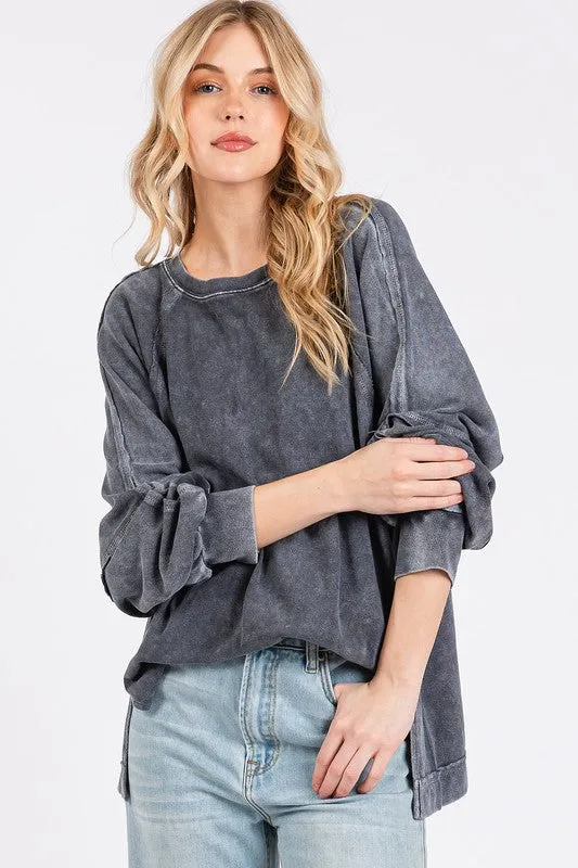 Gray Mineral Wash Raglan Long Sleeve Oversized Top