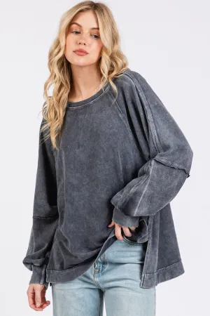Gray Mineral Wash Raglan Long Sleeve Oversized Top