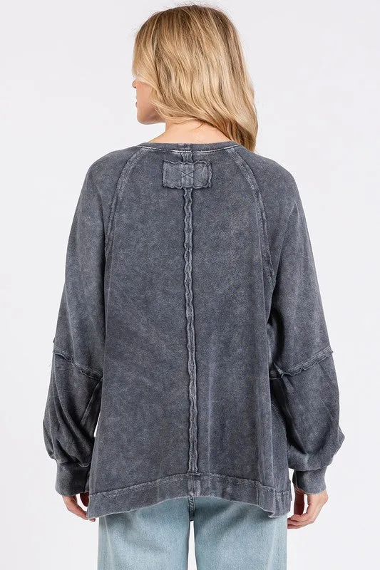 Gray Mineral Wash Raglan Long Sleeve Oversized Top