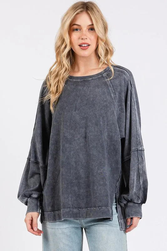 Gray Mineral Wash Raglan Long Sleeve Oversized Top