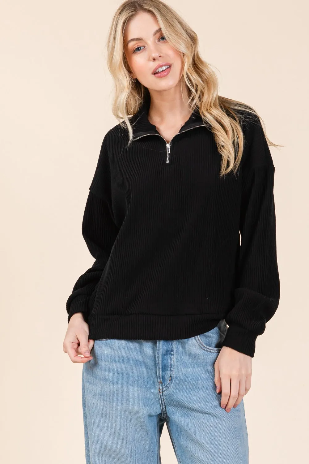 Hazel Blues® |  BOMBOM Quarter Zip Long Sleeve Sweatshirt with Pockets