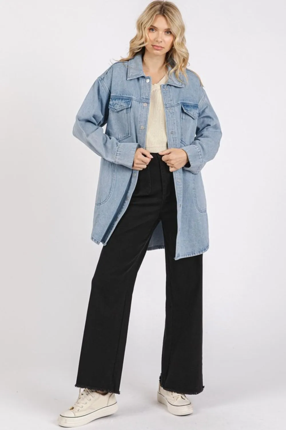Hazel Blues® |  Mittoshop Light Wash Patch Pocket Longline Denim Jacket