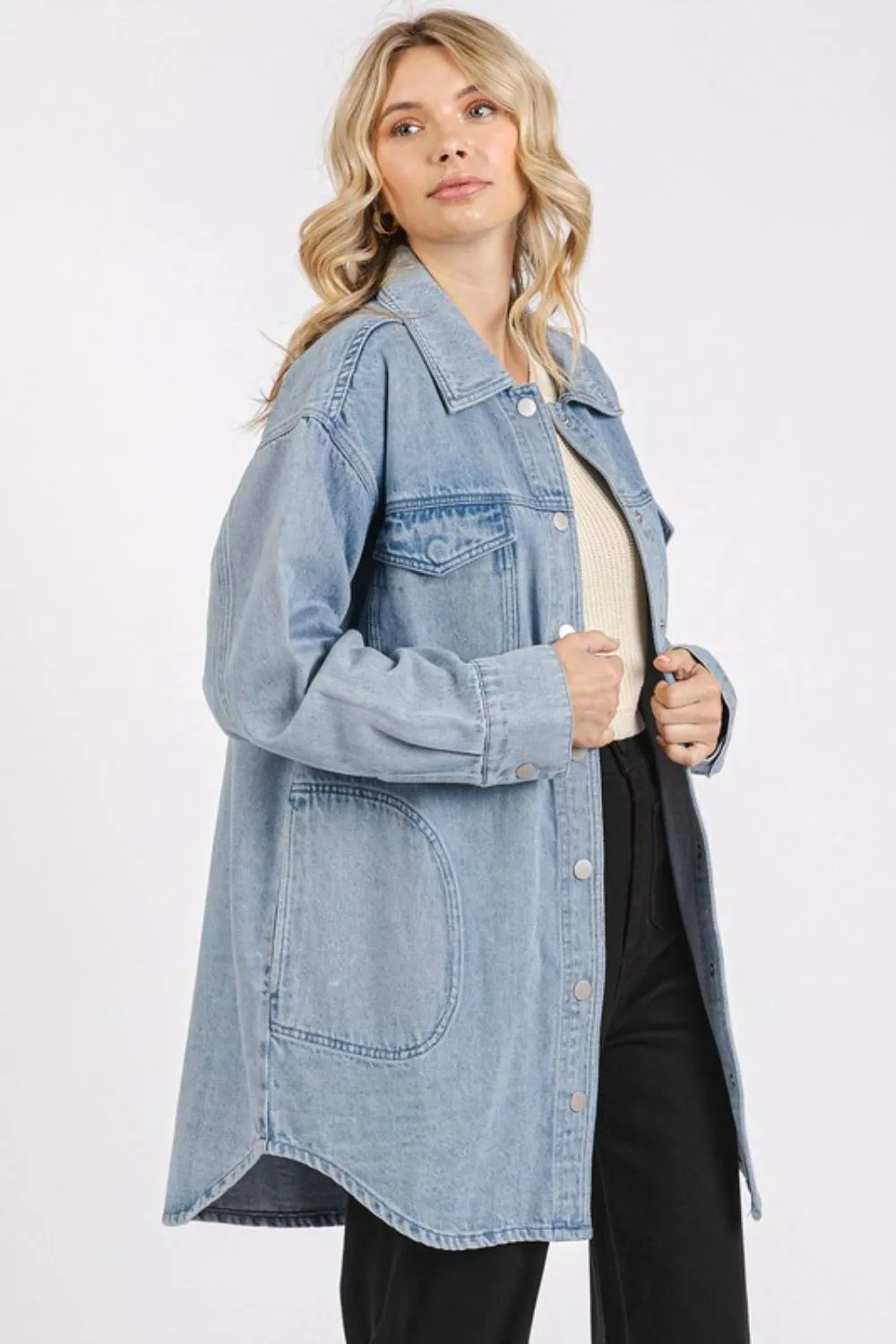 Hazel Blues® |  Mittoshop Light Wash Patch Pocket Longline Denim Jacket