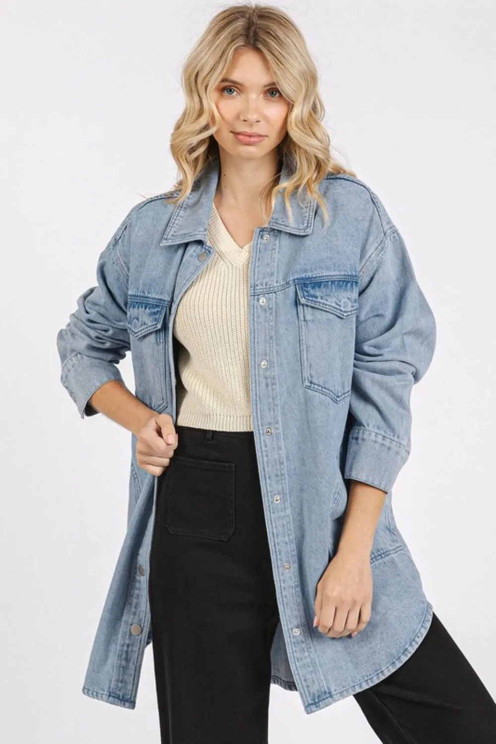 Hazel Blues® |  Mittoshop Light Wash Patch Pocket Longline Denim Jacket