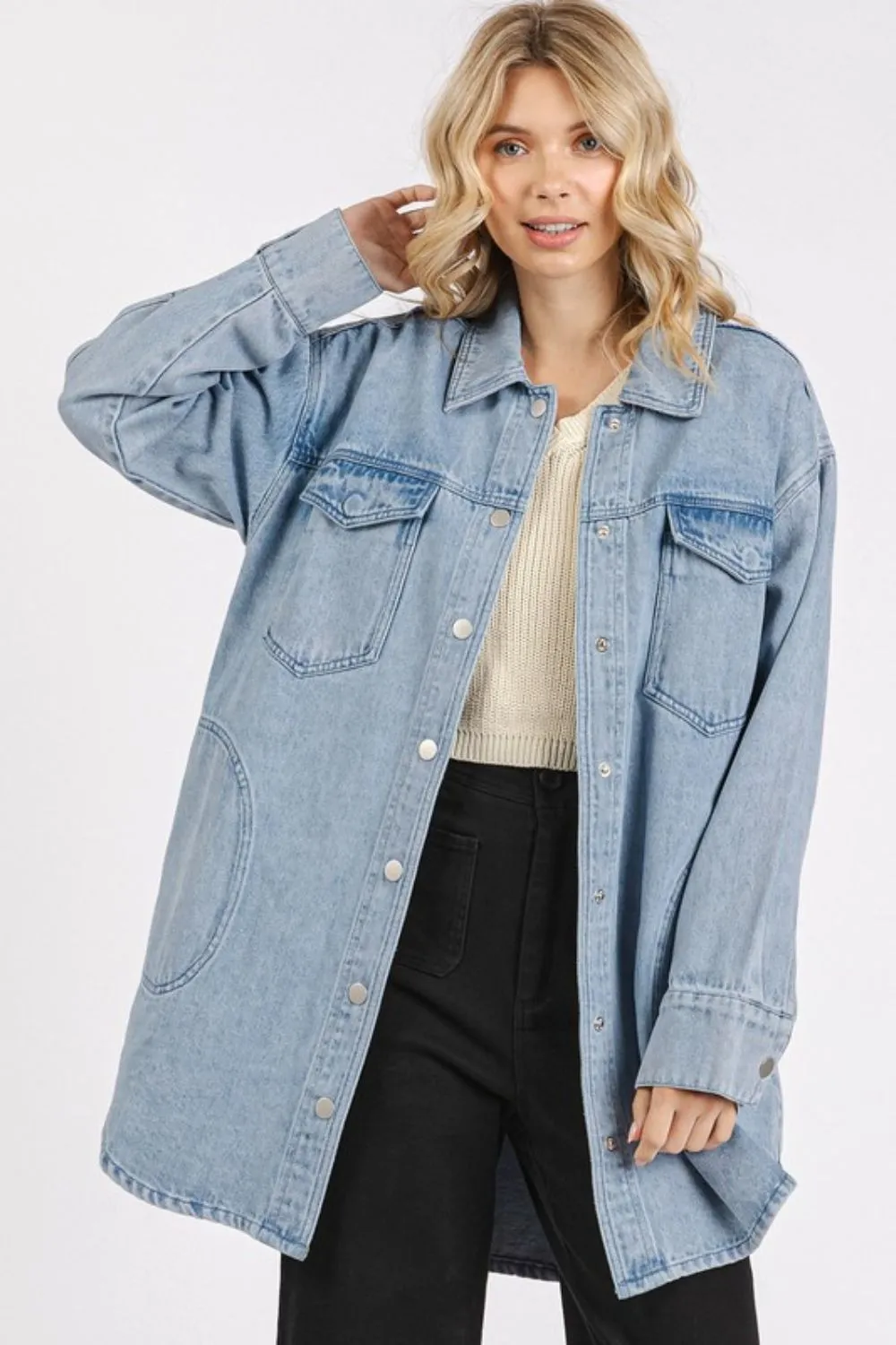 Hazel Blues® |  Mittoshop Light Wash Patch Pocket Longline Denim Jacket