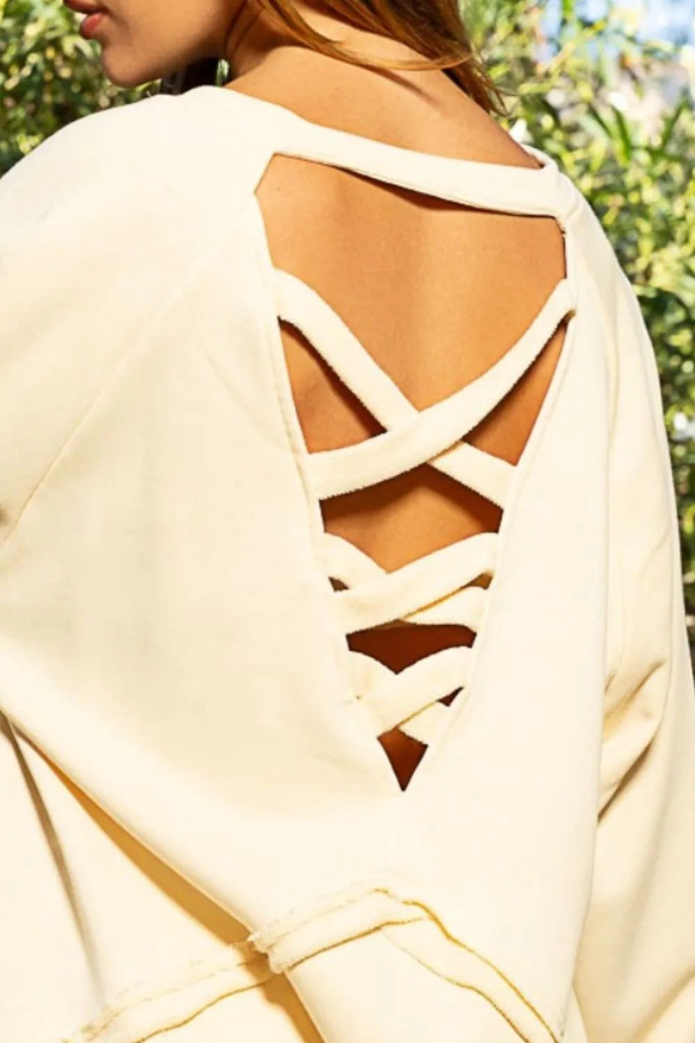 Hazel Blues® |  POL Back Cross Strap Detail Balloon Sleeve Sweatshirt