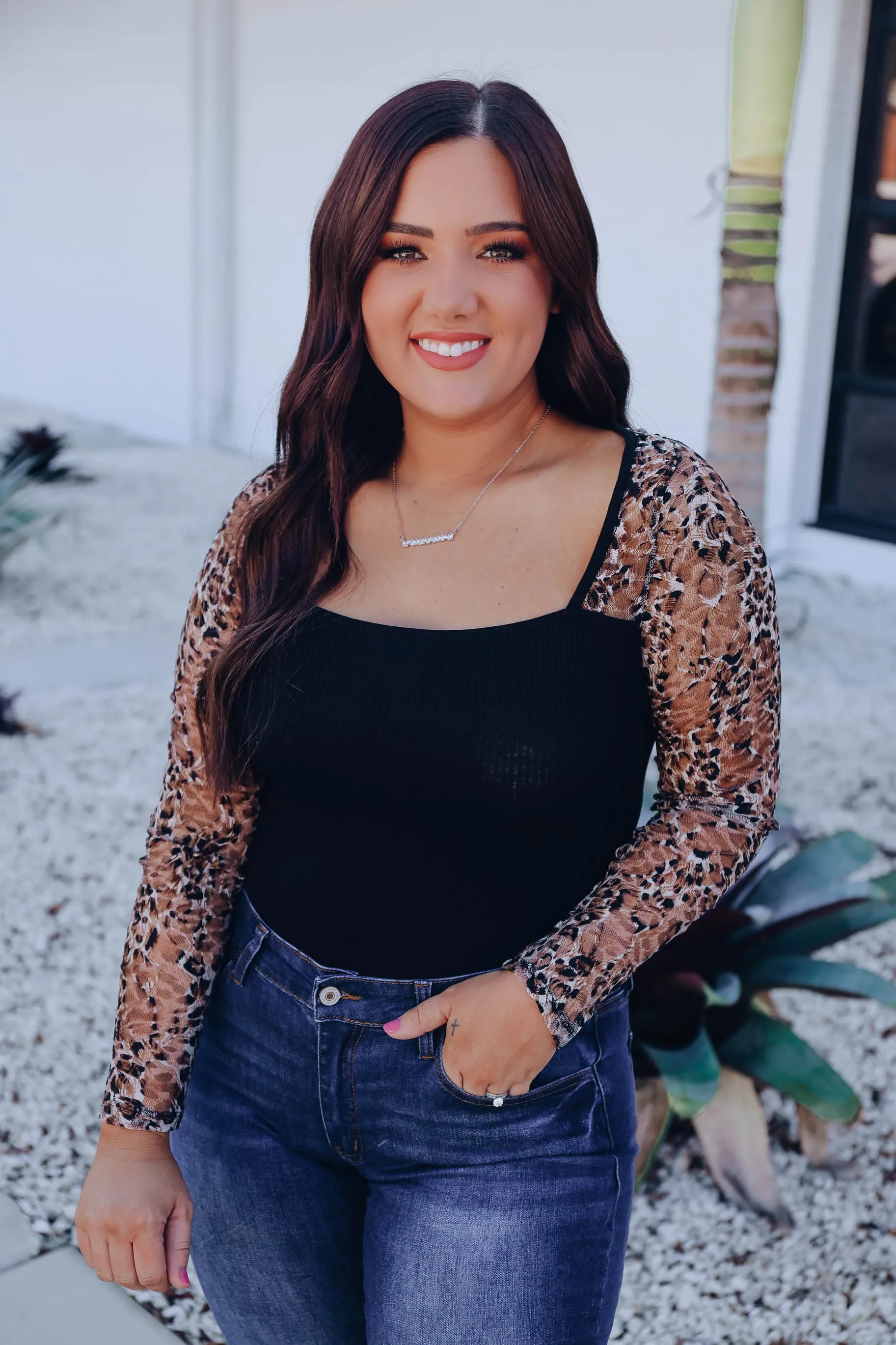 Hear Me Roar Sheer Sleeve Bodysuit - Leopard