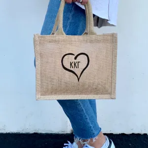 Kappa Kappa Gamma Heart and Sorority Letters Burlap Tote Bag
