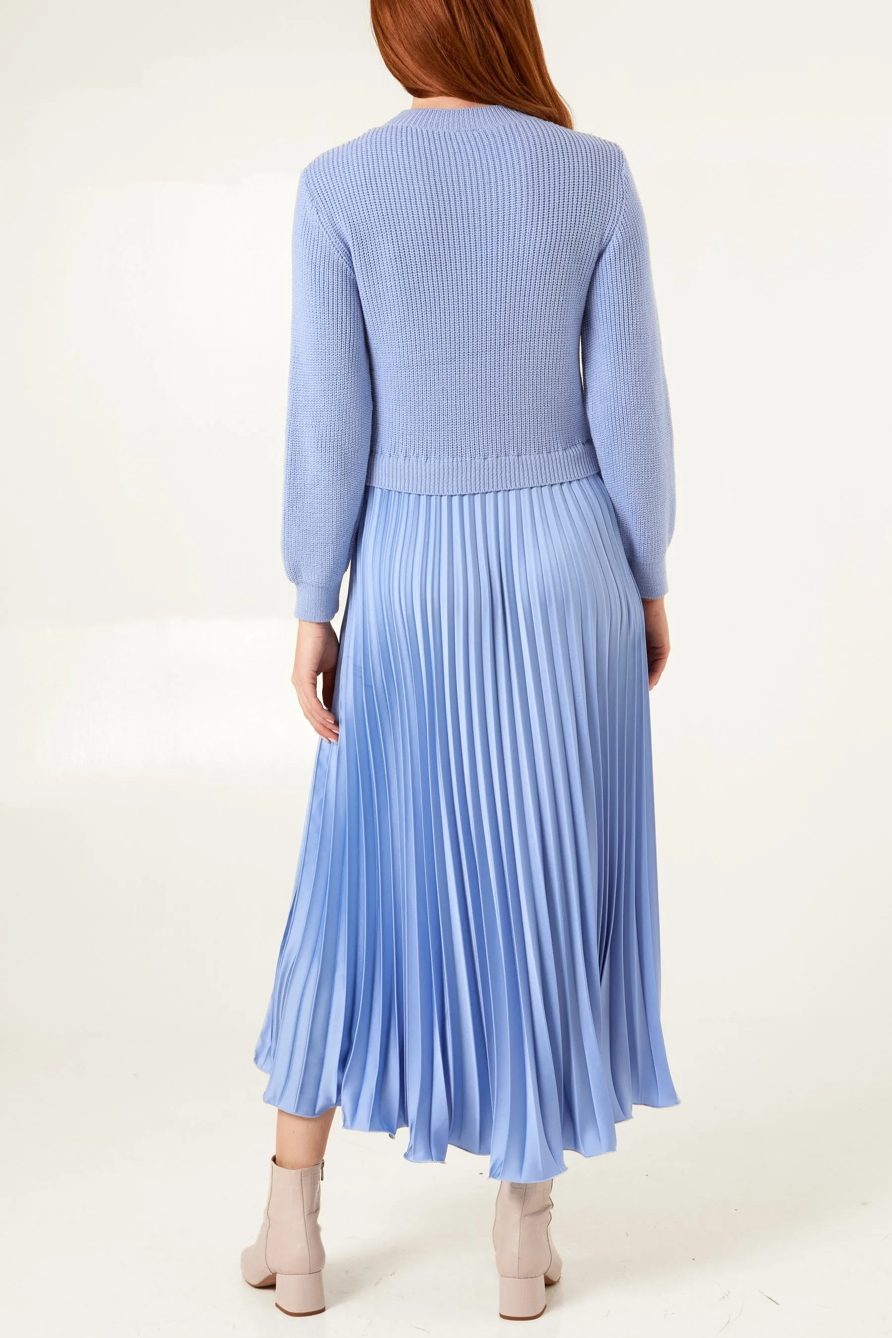 Knitted Top Satin Pleated Skirt Dress