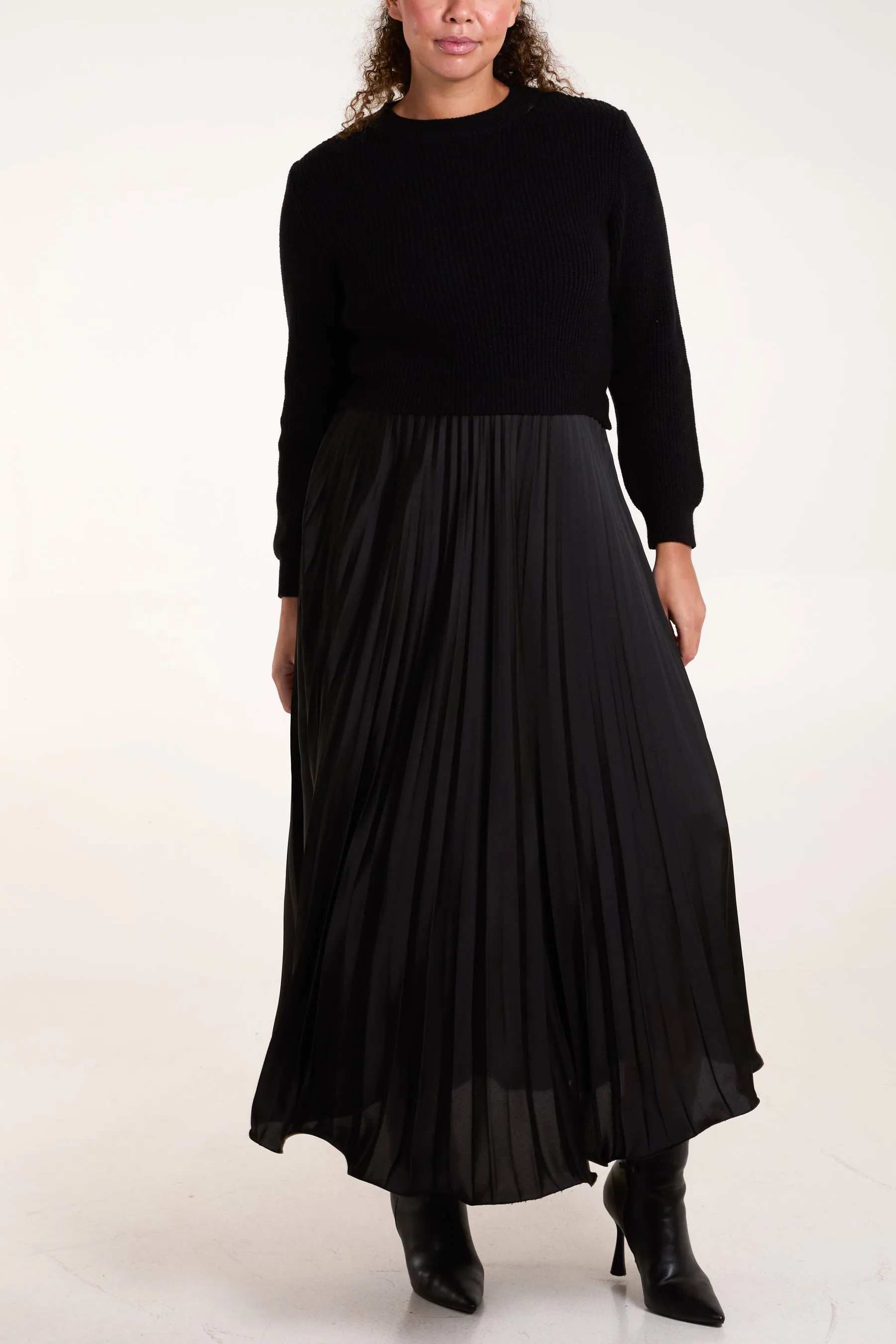 Knitted Top Satin Pleated Skirt Dress