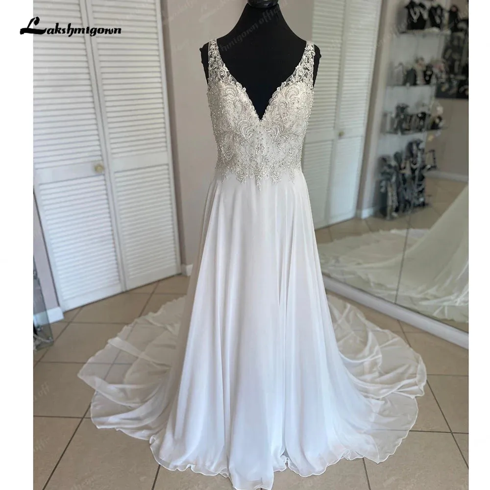 Lakshmigown Robe Chic Chiffon Boho Bohemian Wedding Dress for Women 2024 Lace Beads Sleeveless Wedding Gown  vestido de novia