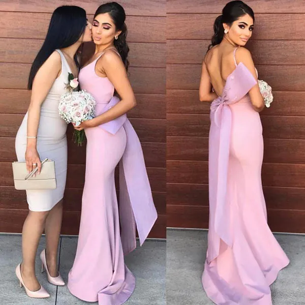 Lilac Open Back Satin Mermaid Floor Length Bridesmaid Dress With Bowtie, BD70