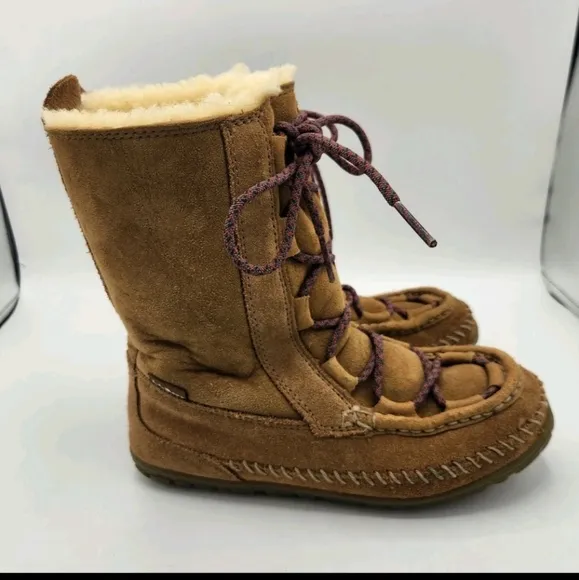 L.L. Bean Wicked Good Lodge Boots Suede Leather Sherling Brown Kids Girls Size 3