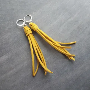 Long Tassel Earrings, faux suede tassel, goldenrod vegan leather tassel, harvest gold, mustard yellow, silver huggie hoop, round lever back