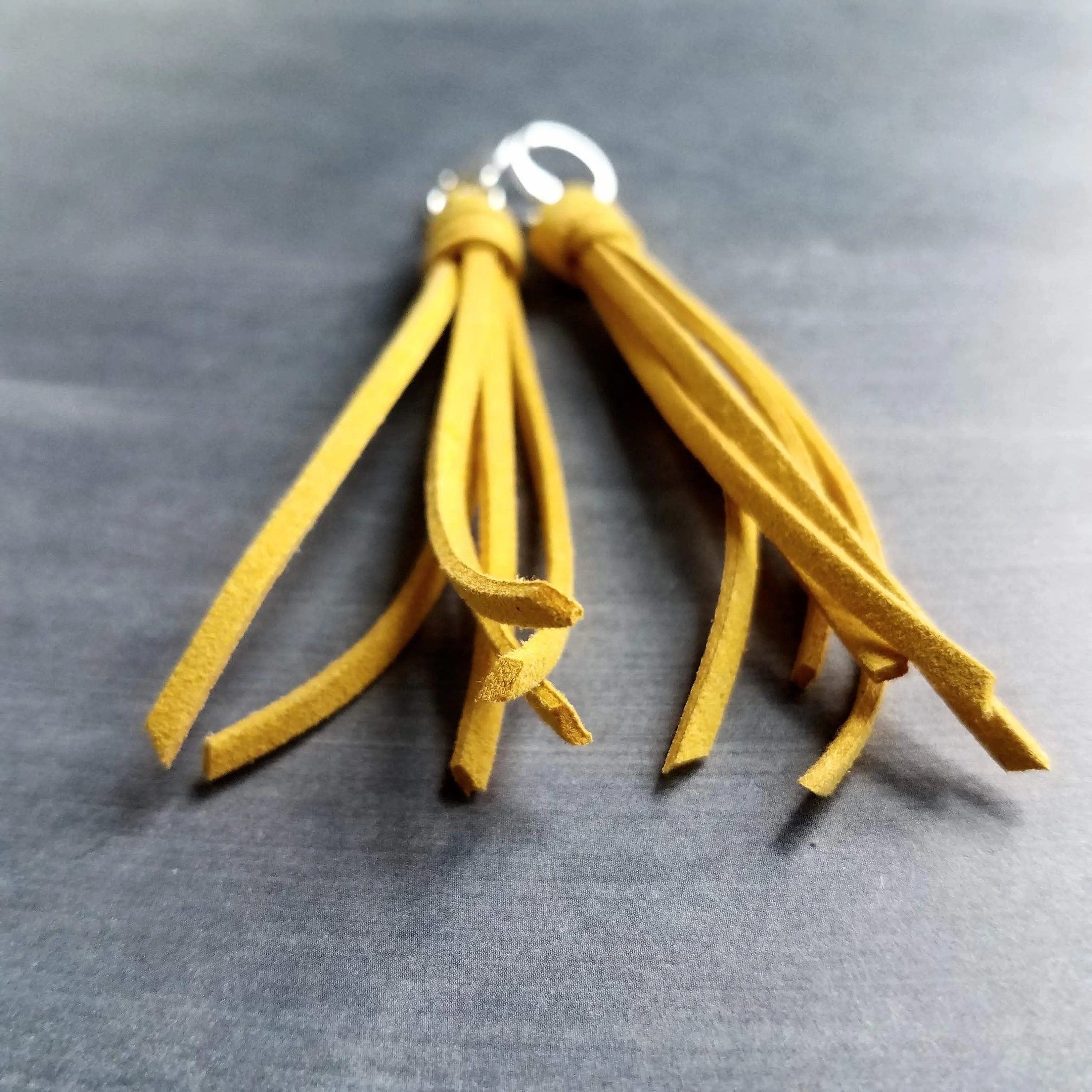 Long Tassel Earrings, faux suede tassel, goldenrod vegan leather tassel, harvest gold, mustard yellow, silver huggie hoop, round lever back