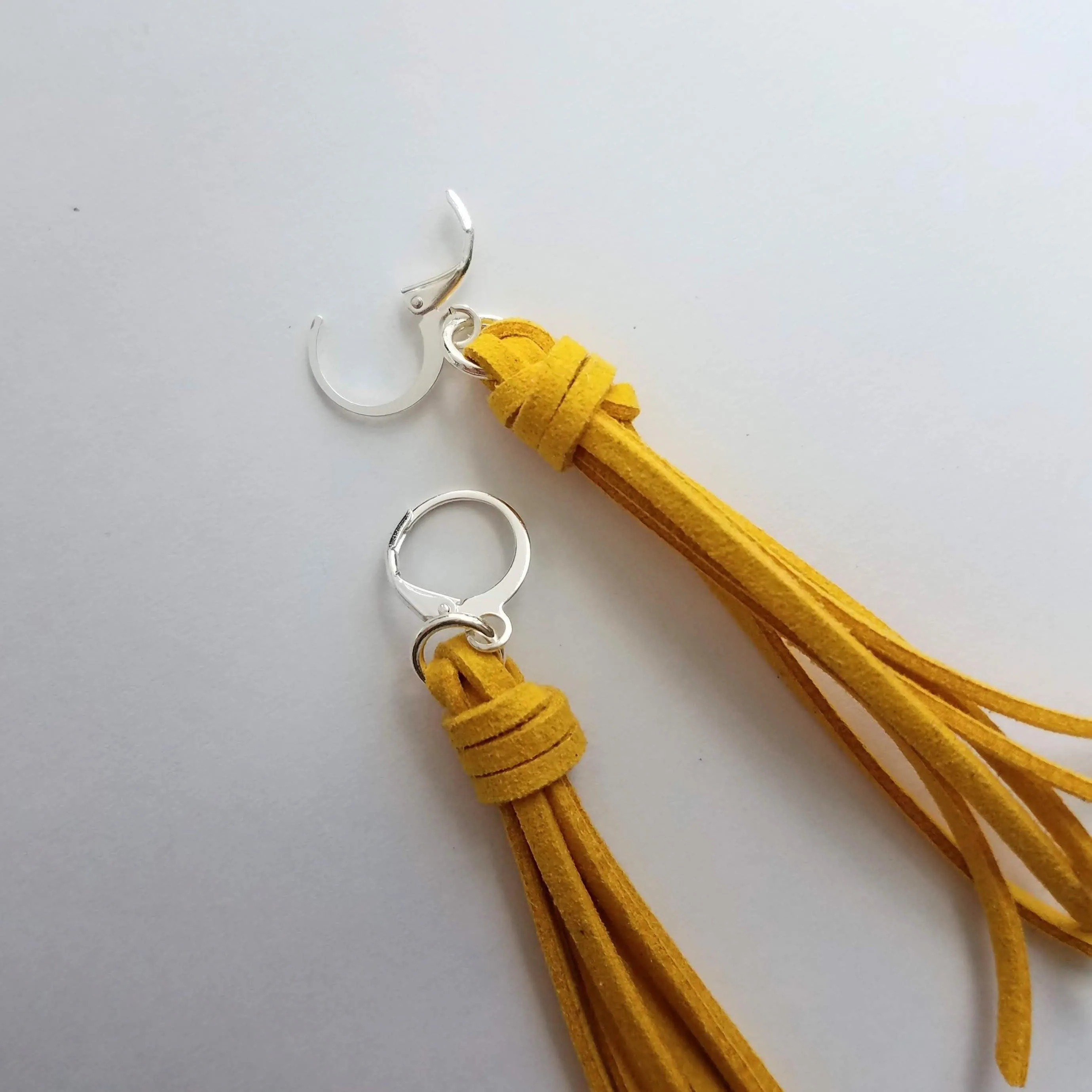 Long Tassel Earrings, faux suede tassel, goldenrod vegan leather tassel, harvest gold, mustard yellow, silver huggie hoop, round lever back