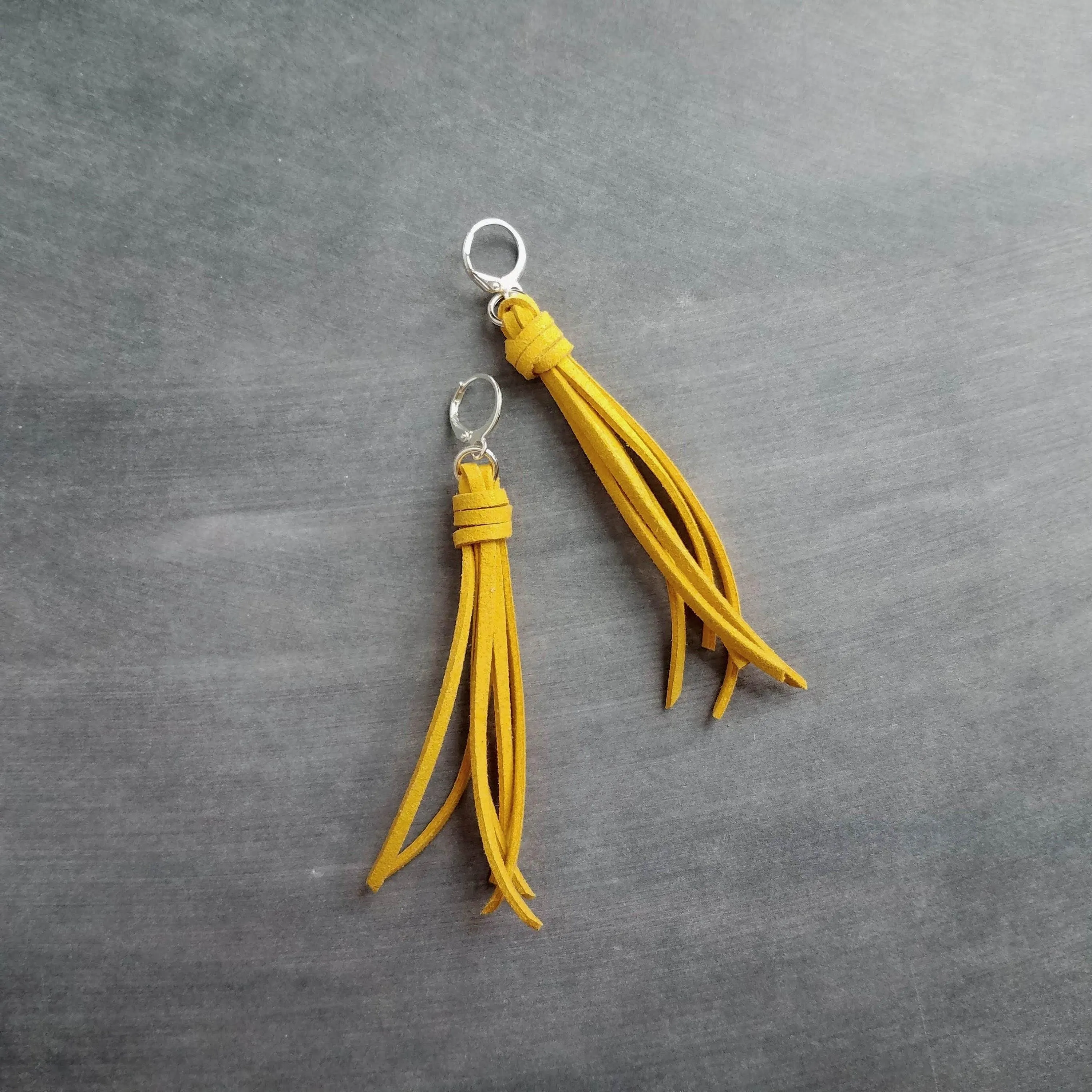 Long Tassel Earrings, faux suede tassel, goldenrod vegan leather tassel, harvest gold, mustard yellow, silver huggie hoop, round lever back