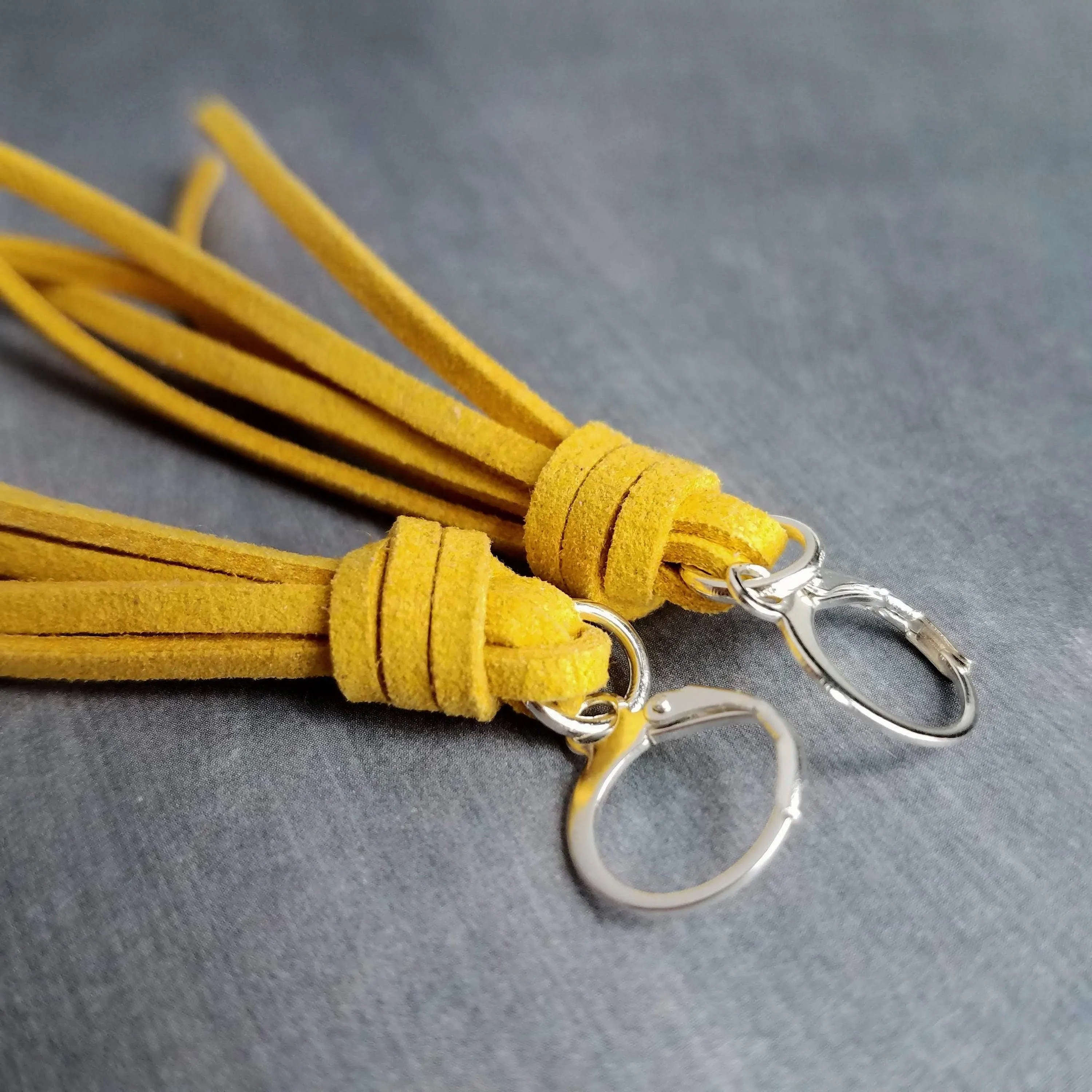 Long Tassel Earrings, faux suede tassel, goldenrod vegan leather tassel, harvest gold, mustard yellow, silver huggie hoop, round lever back
