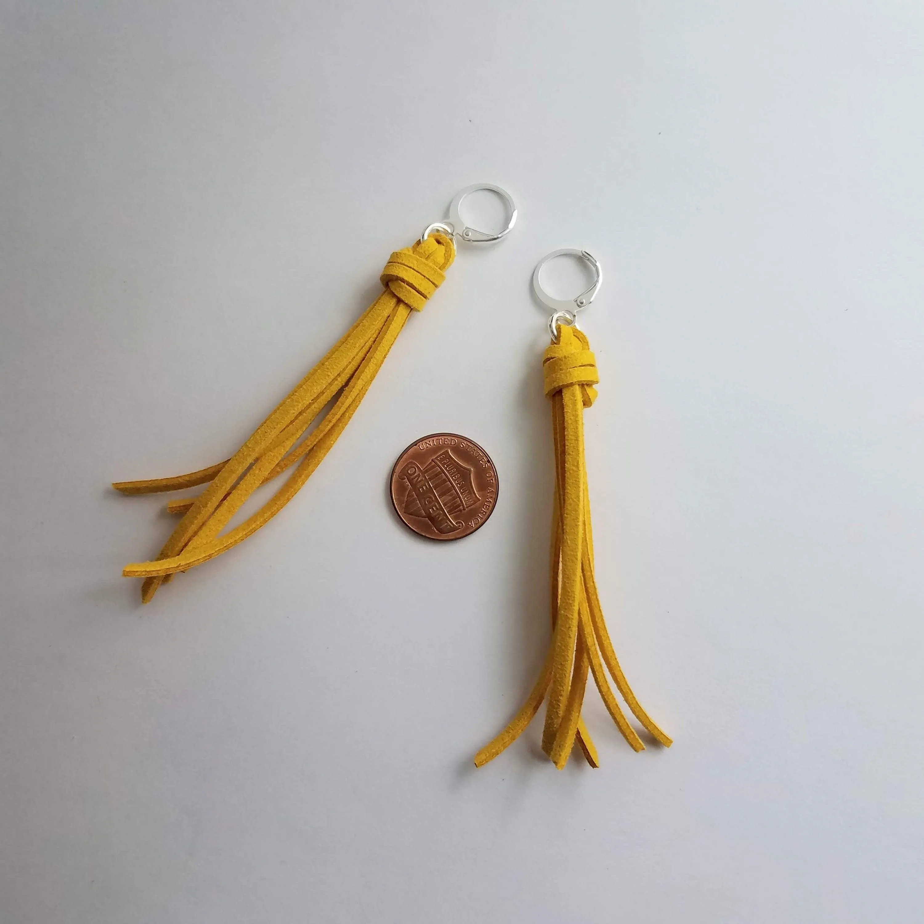 Long Tassel Earrings, faux suede tassel, goldenrod vegan leather tassel, harvest gold, mustard yellow, silver huggie hoop, round lever back