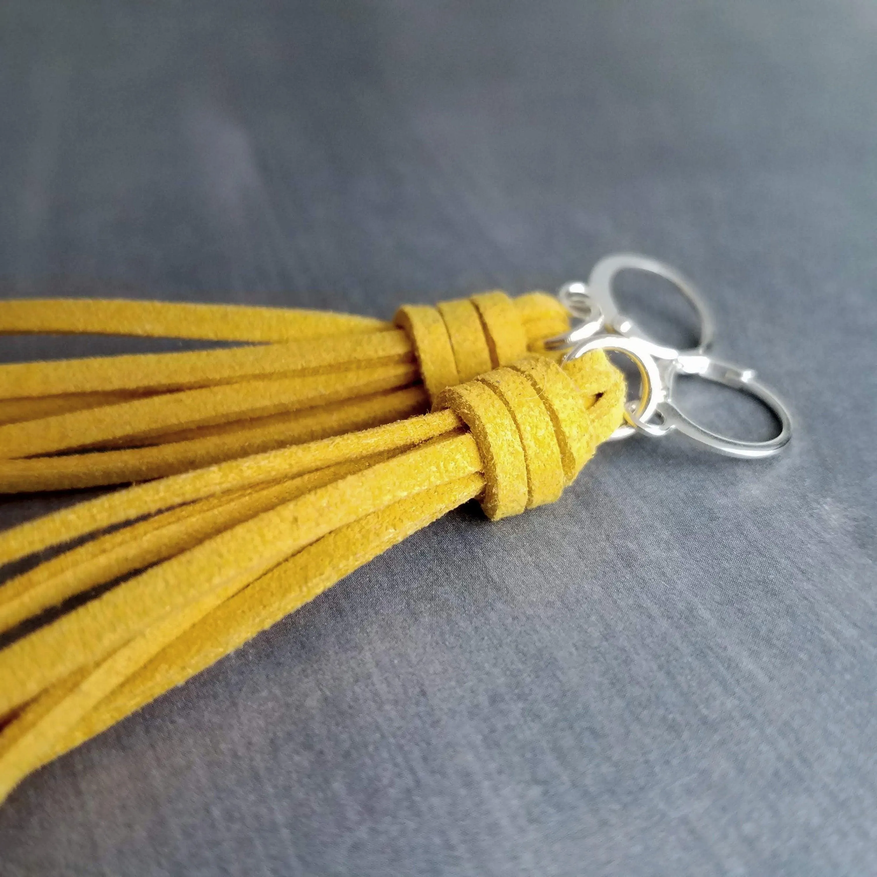 Long Tassel Earrings, faux suede tassel, goldenrod vegan leather tassel, harvest gold, mustard yellow, silver huggie hoop, round lever back