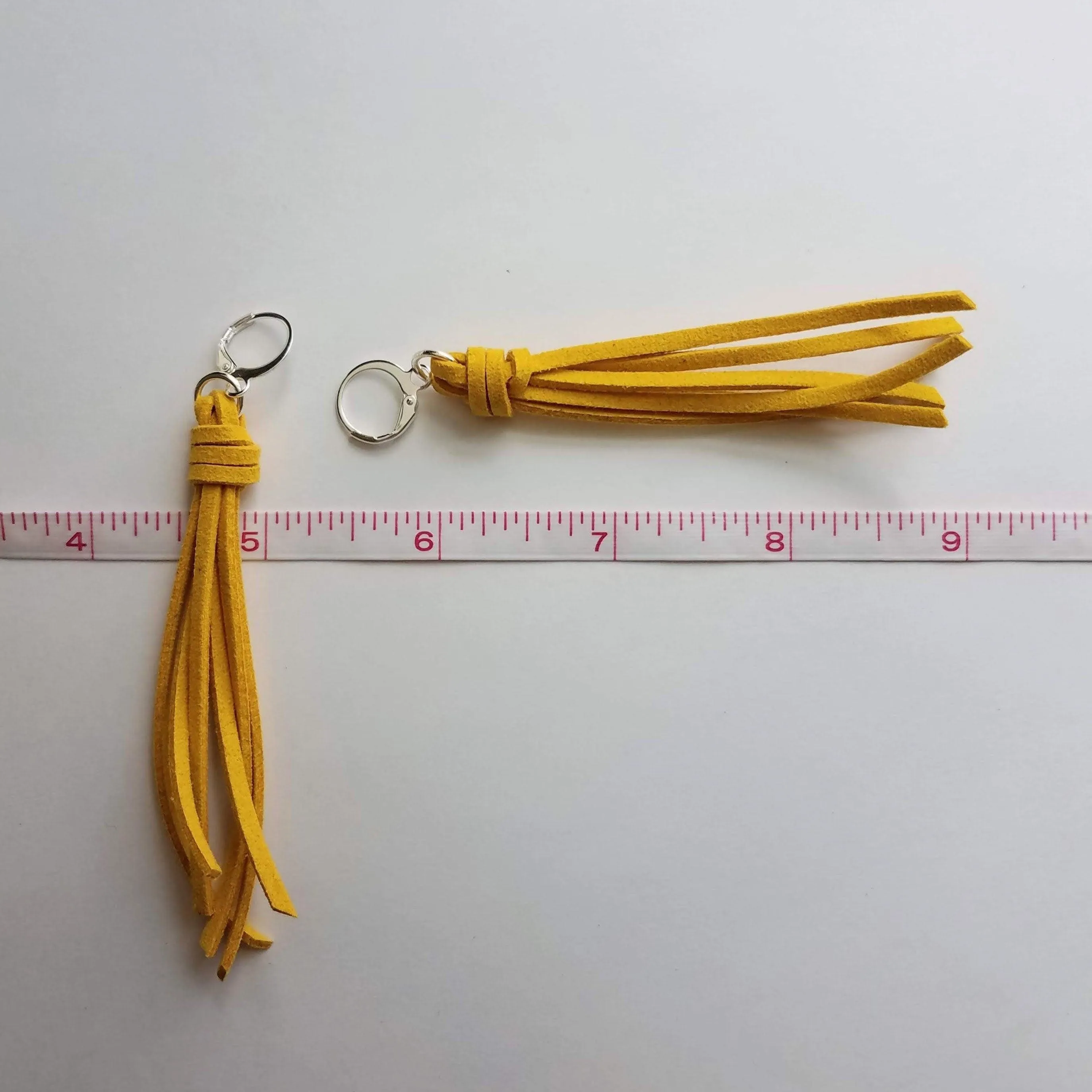 Long Tassel Earrings, faux suede tassel, goldenrod vegan leather tassel, harvest gold, mustard yellow, silver huggie hoop, round lever back