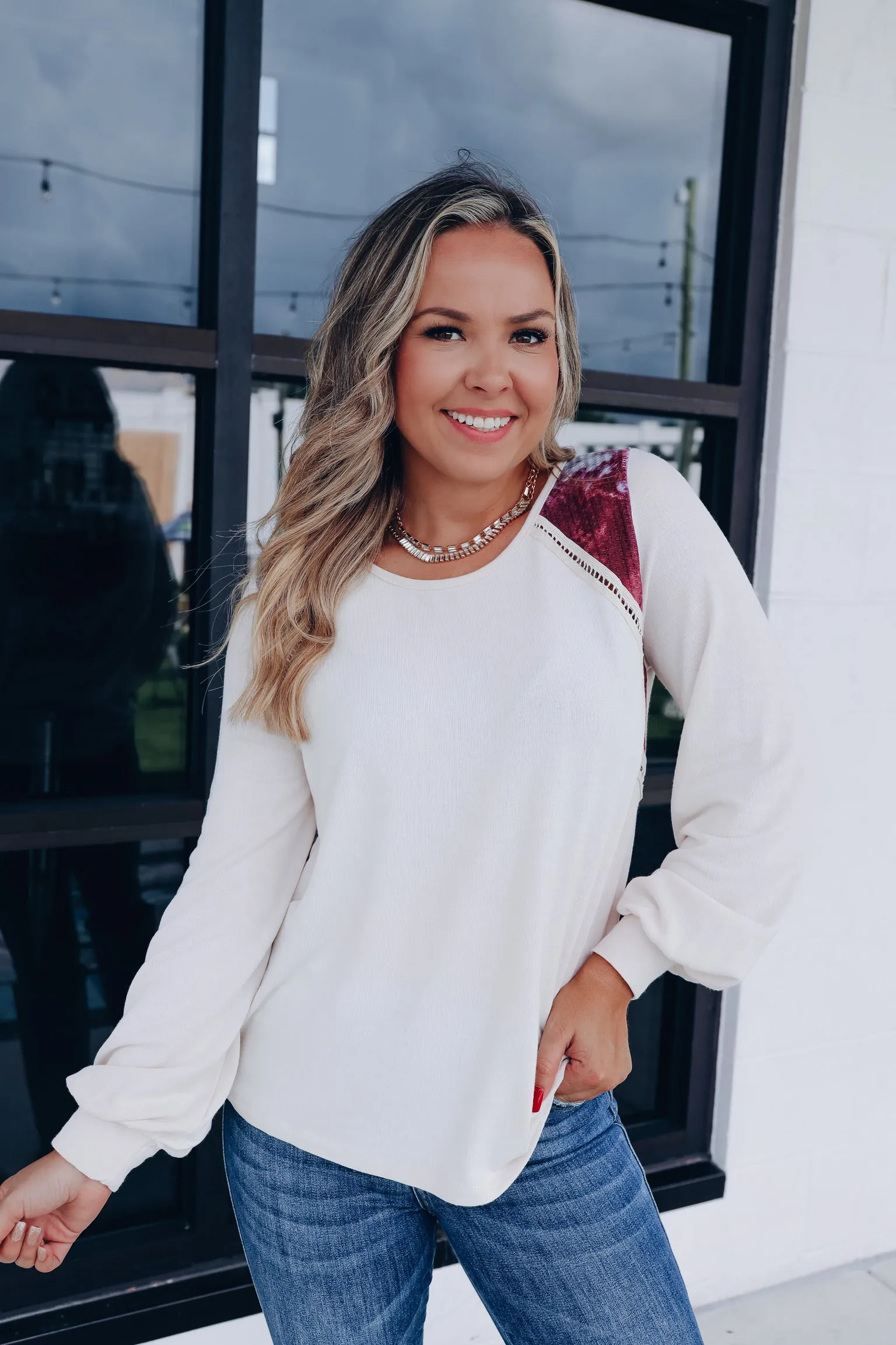 Low-key Tie Dye Shoulder Accent Top - Beige