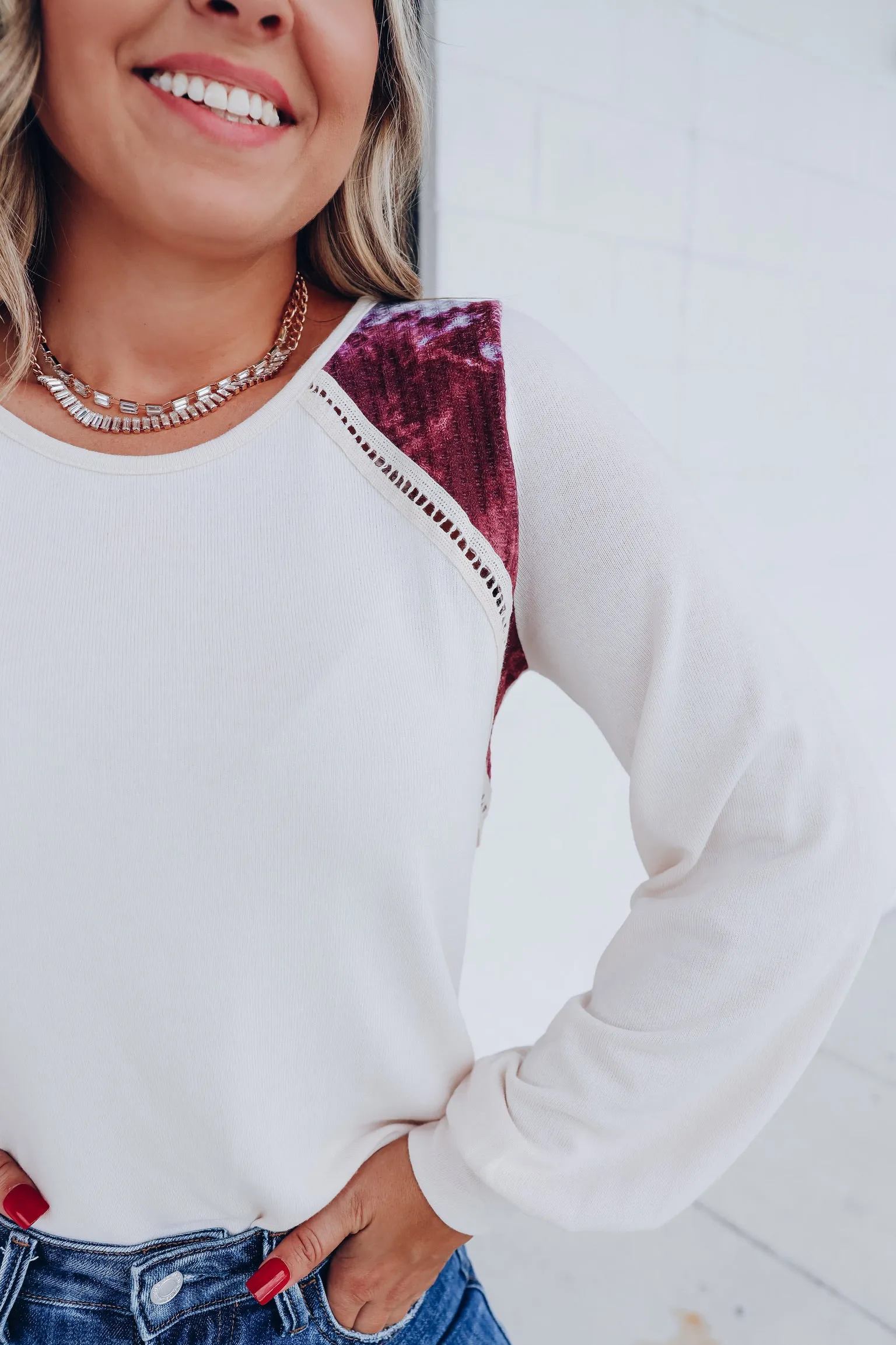 Low-key Tie Dye Shoulder Accent Top - Beige