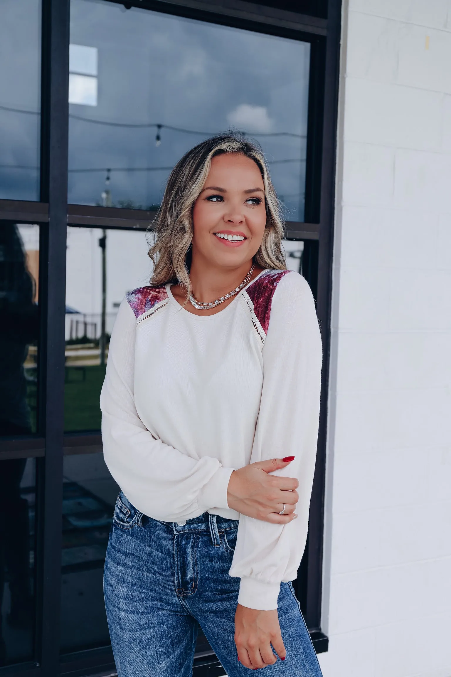 Low-key Tie Dye Shoulder Accent Top - Beige