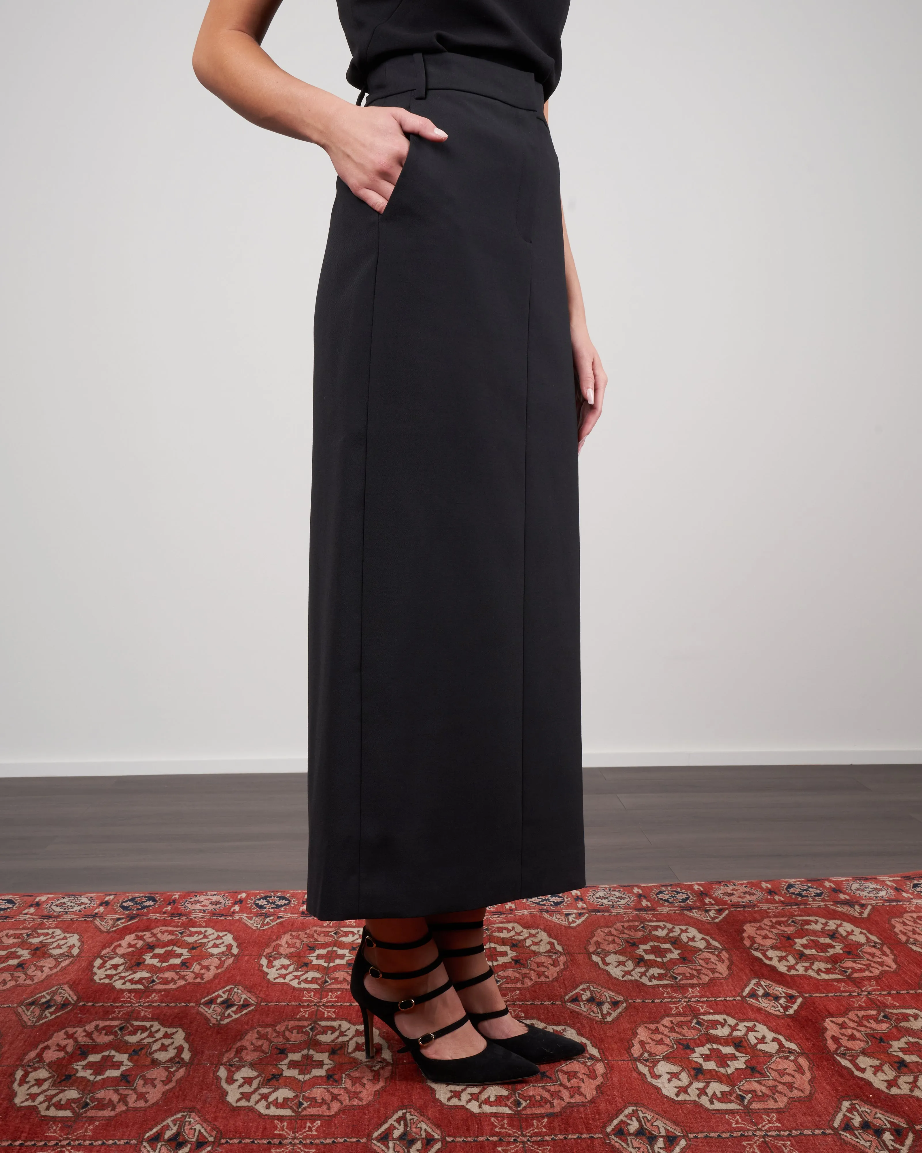 luxe plainweave maxi trouser skirt - black