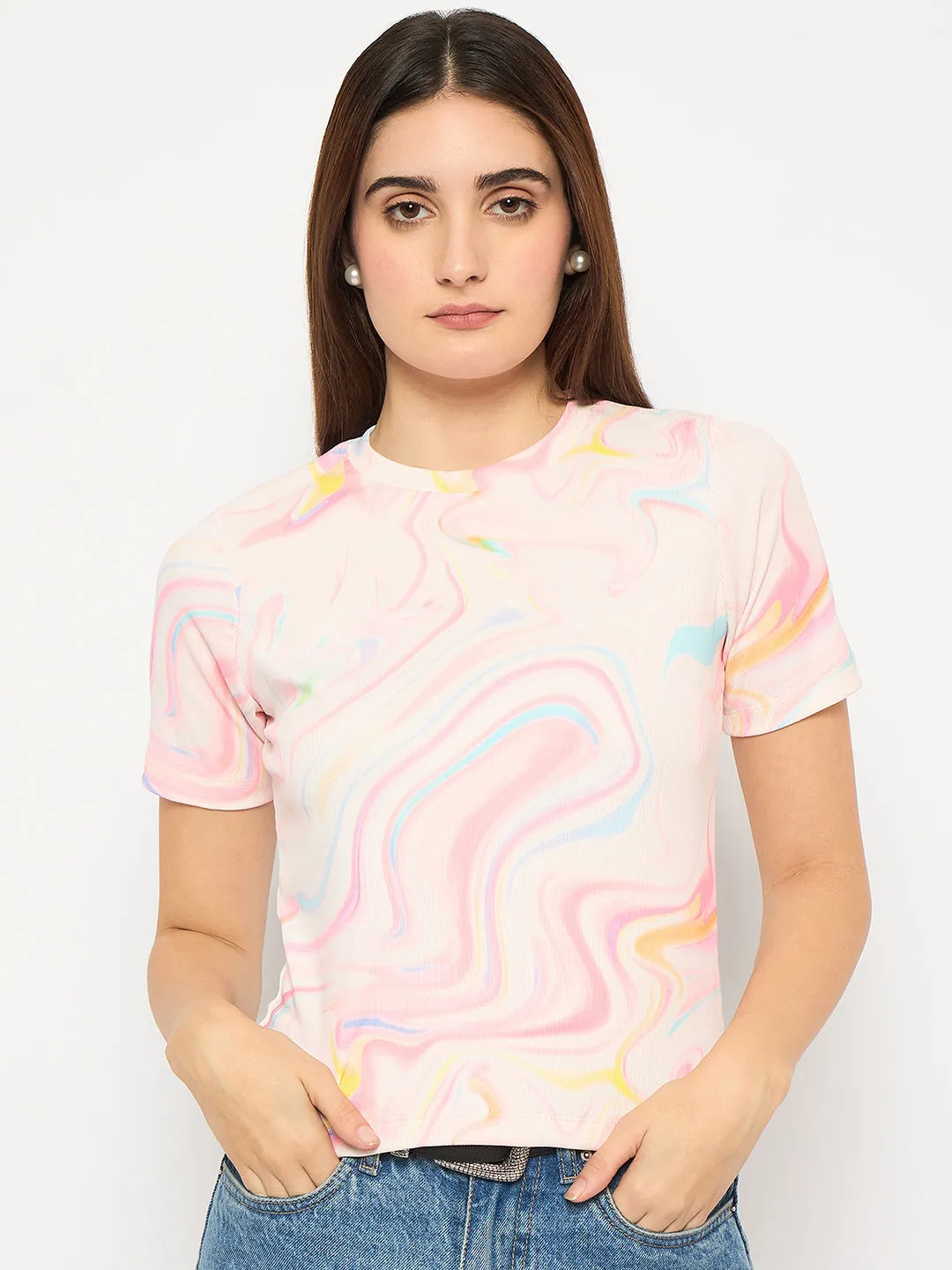 Madame Marble Print Crew Neck White Top