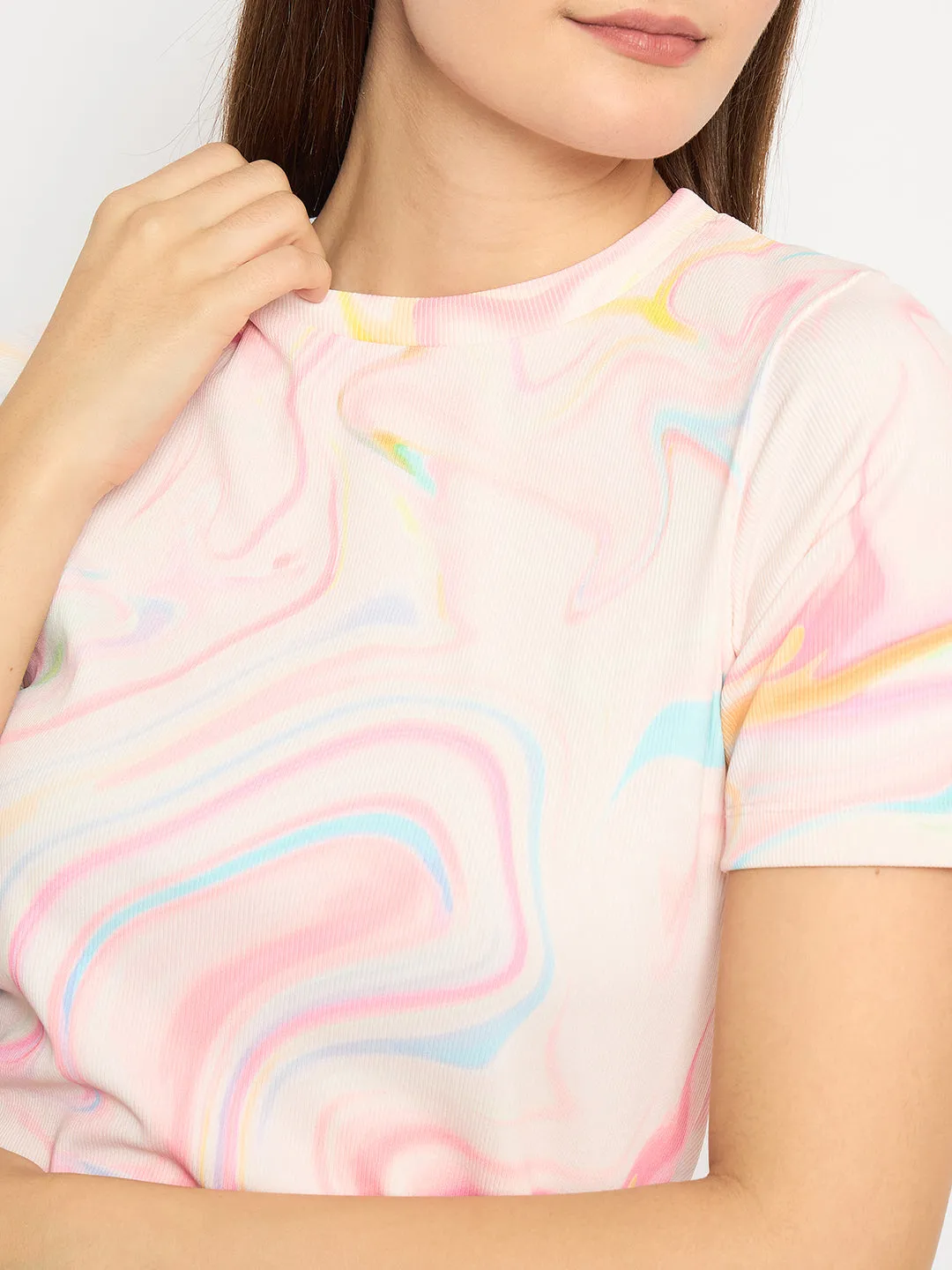 Madame Marble Print Crew Neck White Top