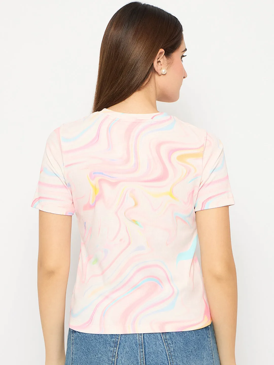 Madame Marble Print Crew Neck White Top