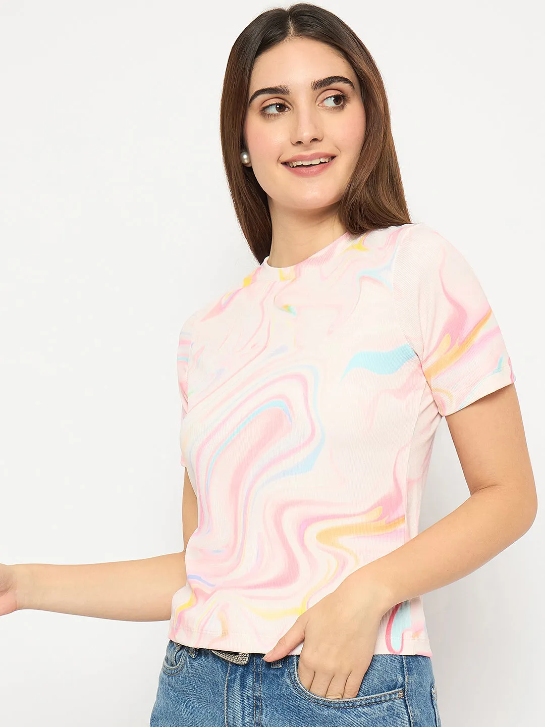 Madame Marble Print Crew Neck White Top