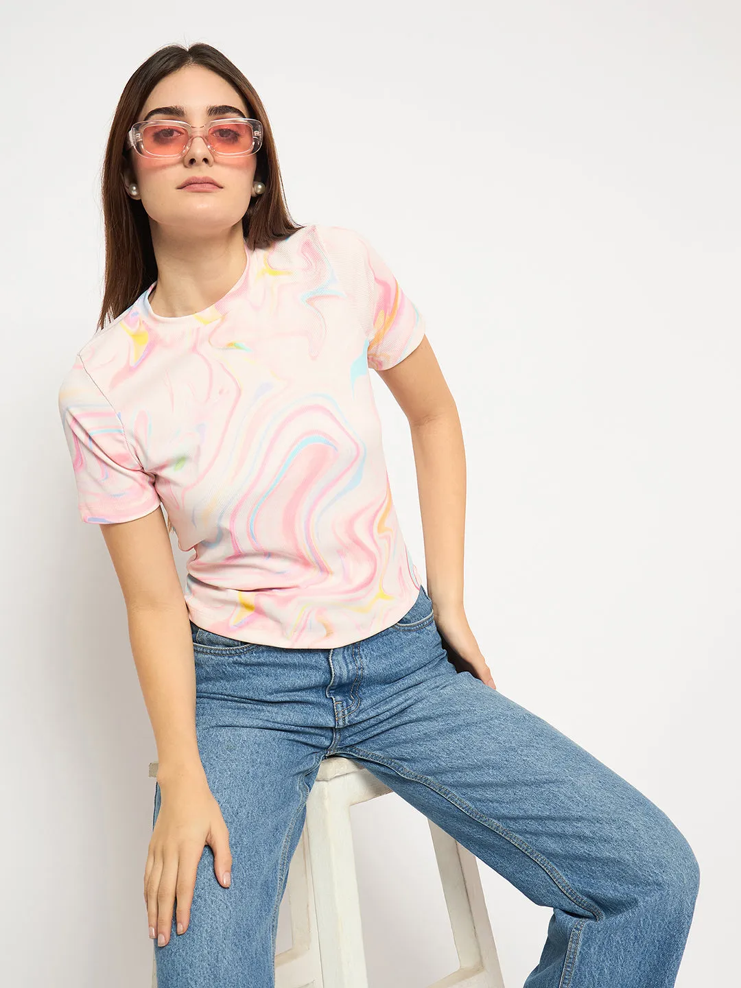 Madame Marble Print Crew Neck White Top