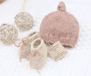 Mauve Knotted Cap & Bootie | 100% Alpaca | Newborn Baby