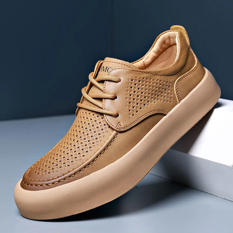 Men's Leather Flat Bottom Casual Sneakers Flexible & Light Low-top