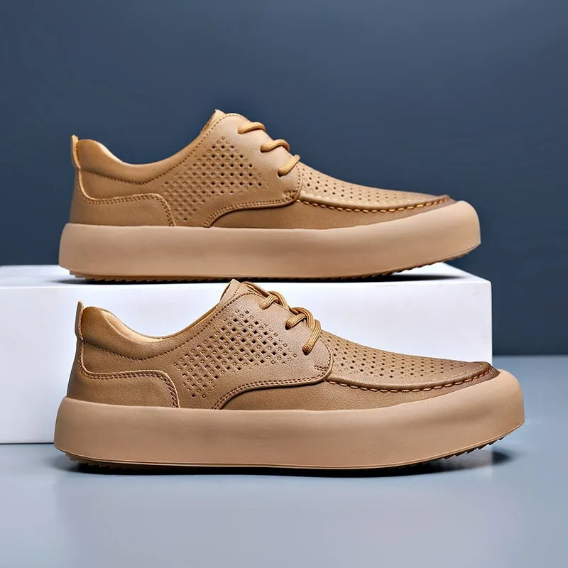 Men's Leather Flat Bottom Casual Sneakers Flexible & Light Low-top