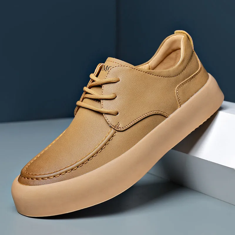 Men's Leather Flat Bottom Casual Sneakers Flexible & Light Low-top
