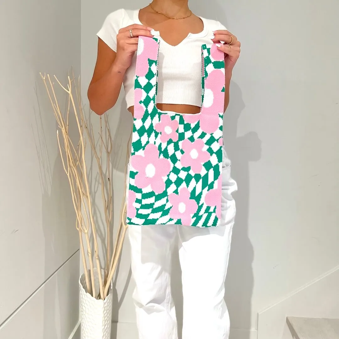Nao Checkered Flower Tote Bag