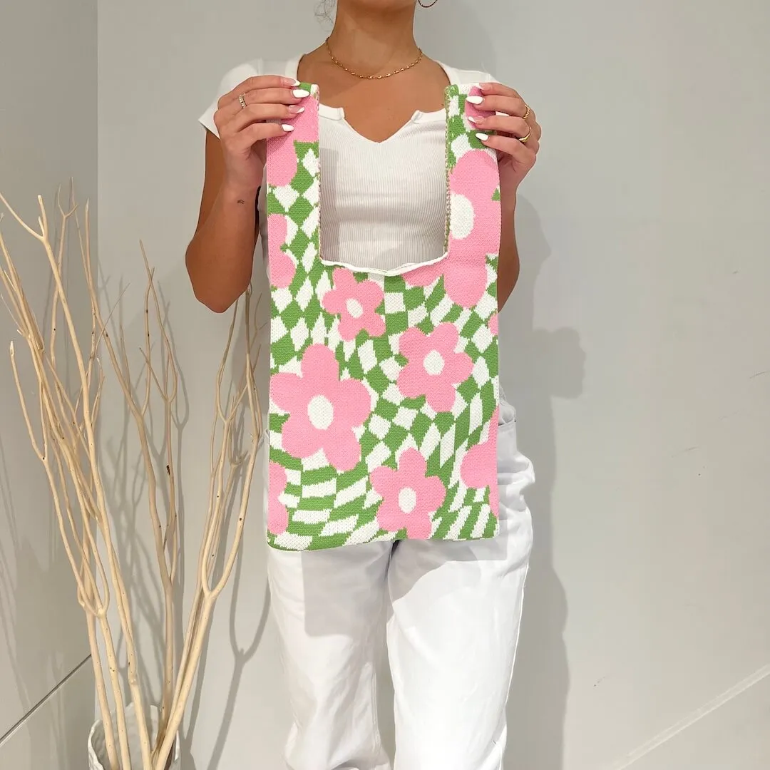 Nao Checkered Flower Tote Bag