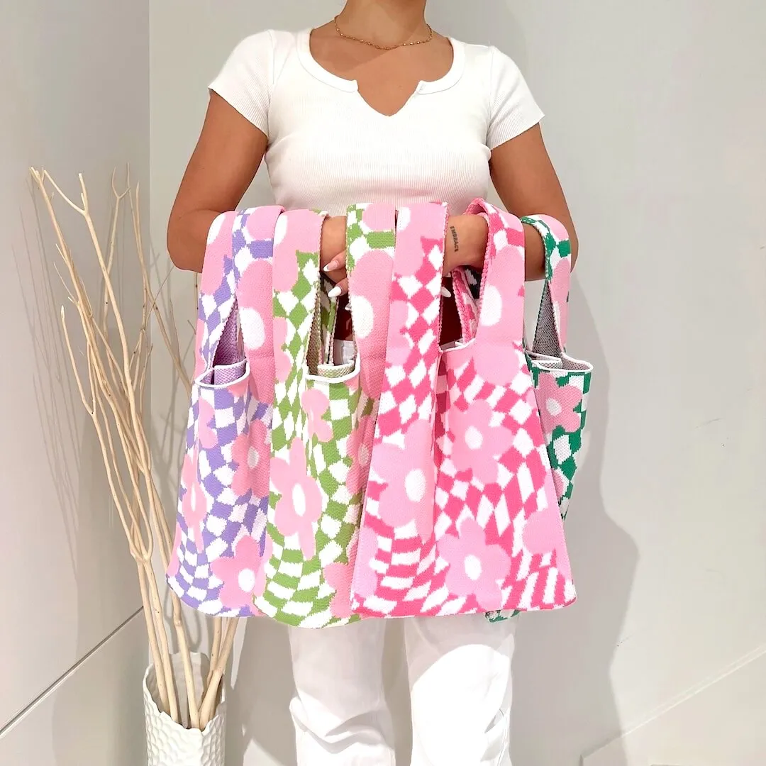 Nao Checkered Flower Tote Bag