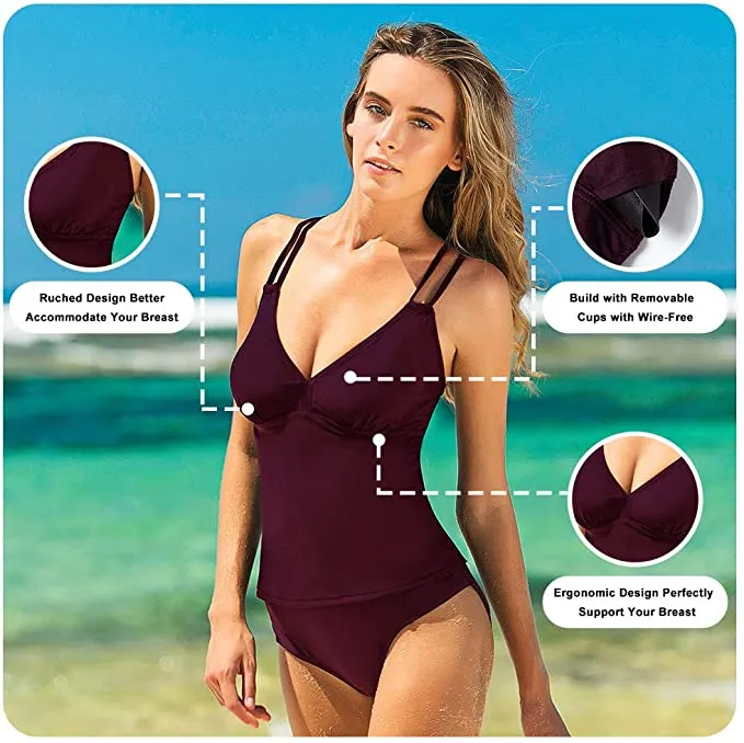 New HAIVIDO Women's V Neck Tankini Set Criss Cross Back Tankini Top with Bikini Bottom Two Piece Bathing Suit in Burgundy, Sz L! Retails $80 