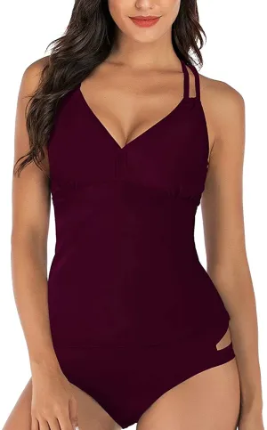 New HAIVIDO Women's V Neck Tankini Set Criss Cross Back Tankini Top with Bikini Bottom Two Piece Bathing Suit in Burgundy, Sz L! Retails $80 