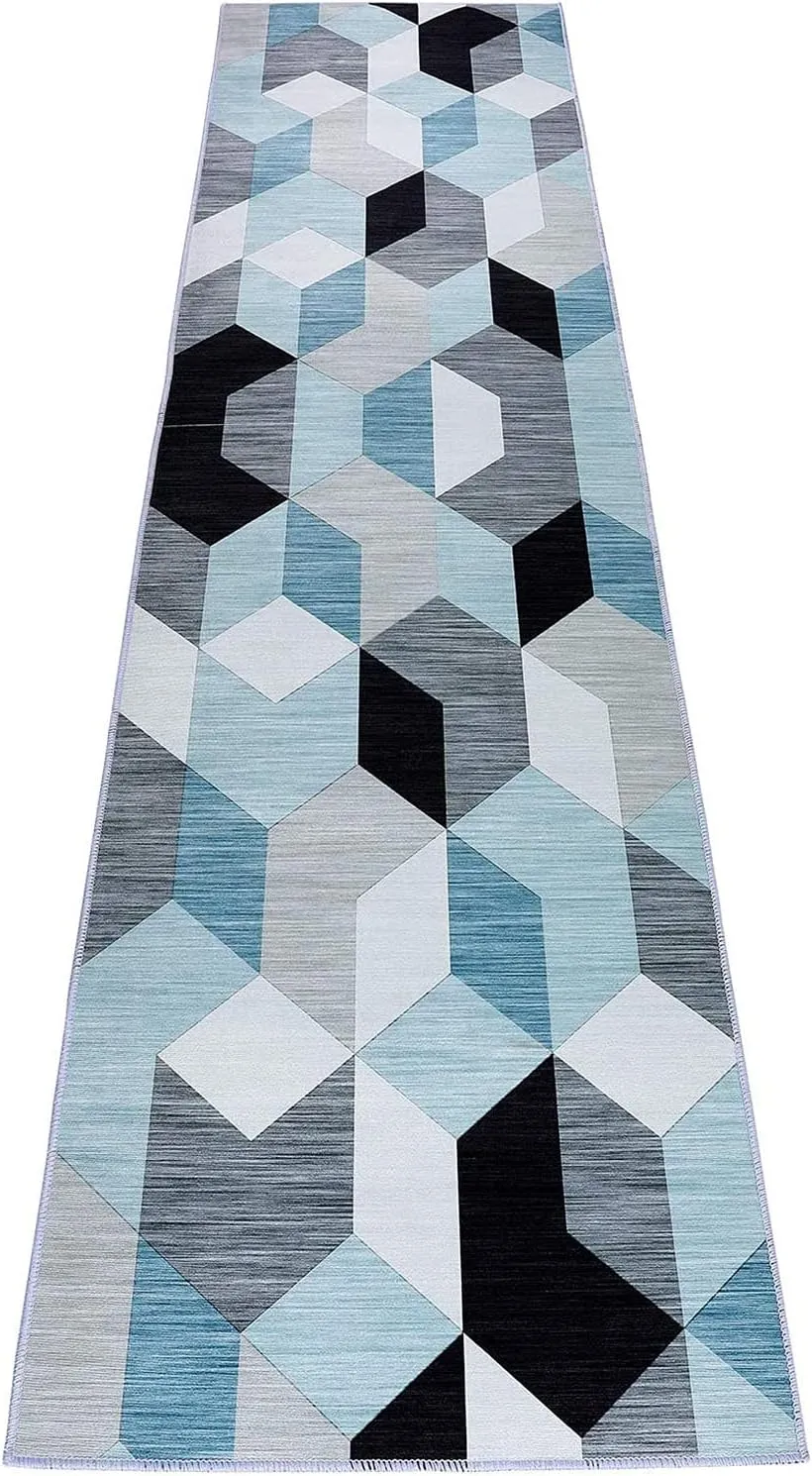 NEW HQCHOOSE Runner Rugs for Hallway Premium Soft Non Slip Area Rug Carpet 2' x 8' Washable Geometric Indoor Decor Mat with Safety Anti-Skid PVC Bottom for Living Room Bedroom Entryway Hallway, Teals/Greys