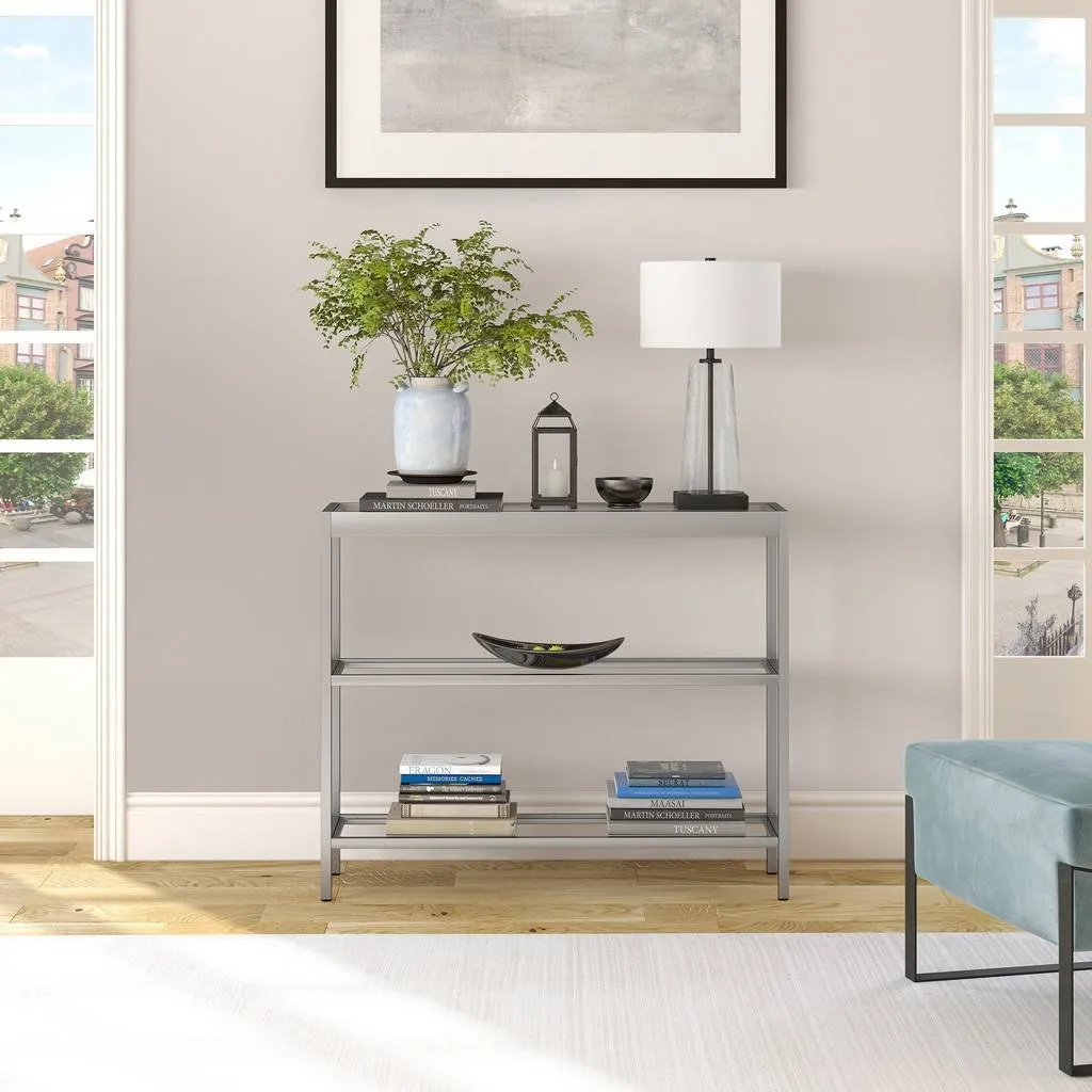 New in box! Hudson & Canal Alexis 36" Satin Nickel Hand Crafted Silver Finish Console Table with tempered glass top! Very stable, sturdy & durable Retails $336 