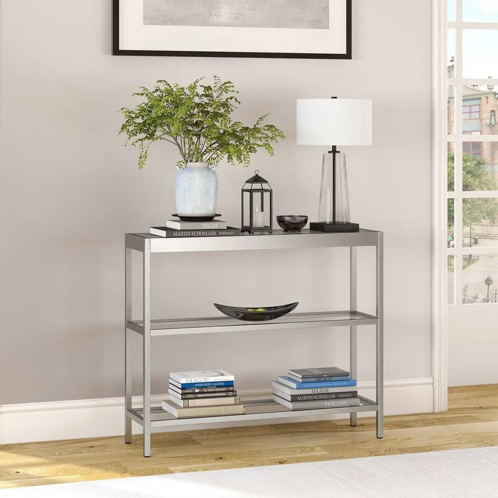 New in box! Hudson & Canal Alexis 36" Satin Nickel Hand Crafted Silver Finish Console Table with tempered glass top! Very stable, sturdy & durable Retails $336 