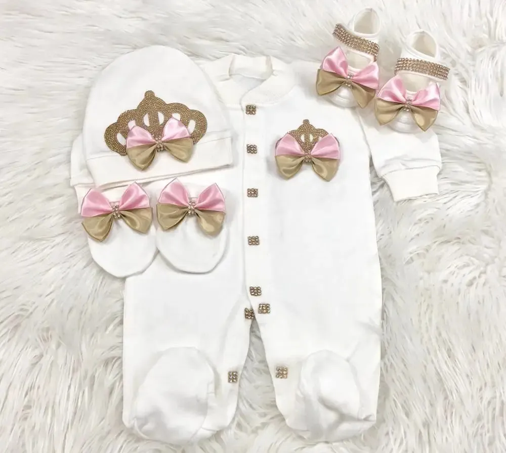 Newborn Baby Personalized Outfits 4 Pieces Welcome Home Hospital Crown Jewelry Romper Set