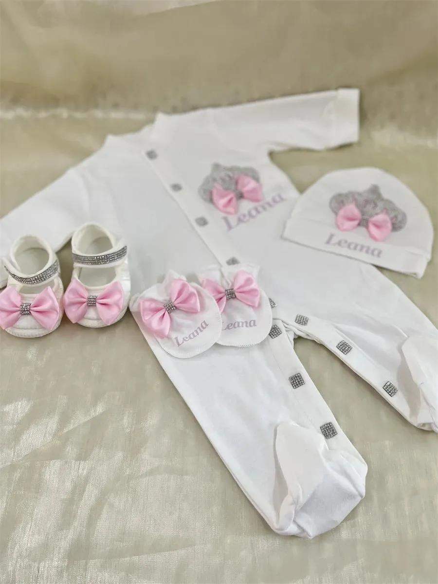 Newborn Baby Personalized Outfits 4 Pieces Welcome Home Hospital Crown Jewelry Romper Set