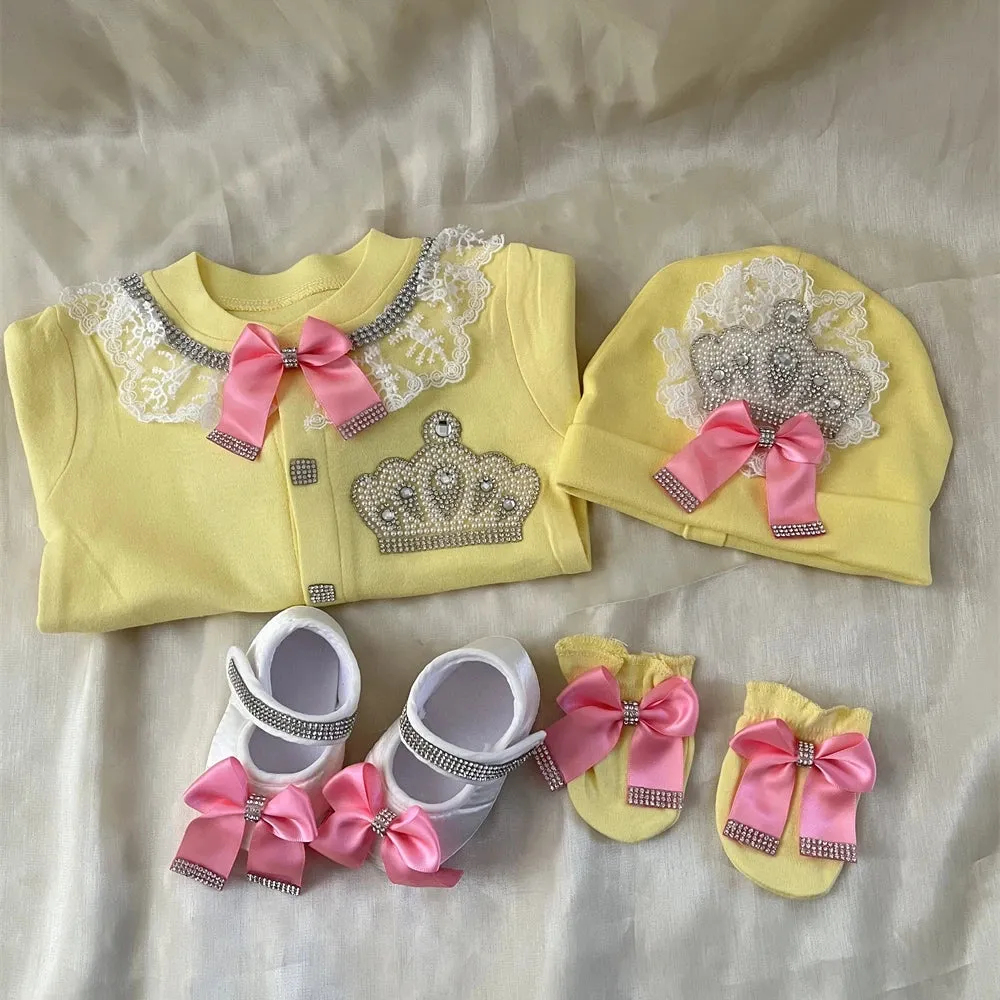 Newborn Baby Personalized Outfits 4 Pieces Welcome Home Hospital Crown Jewelry Romper Set